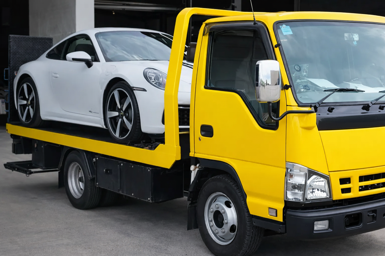 Yellow tow truck carrying a white car