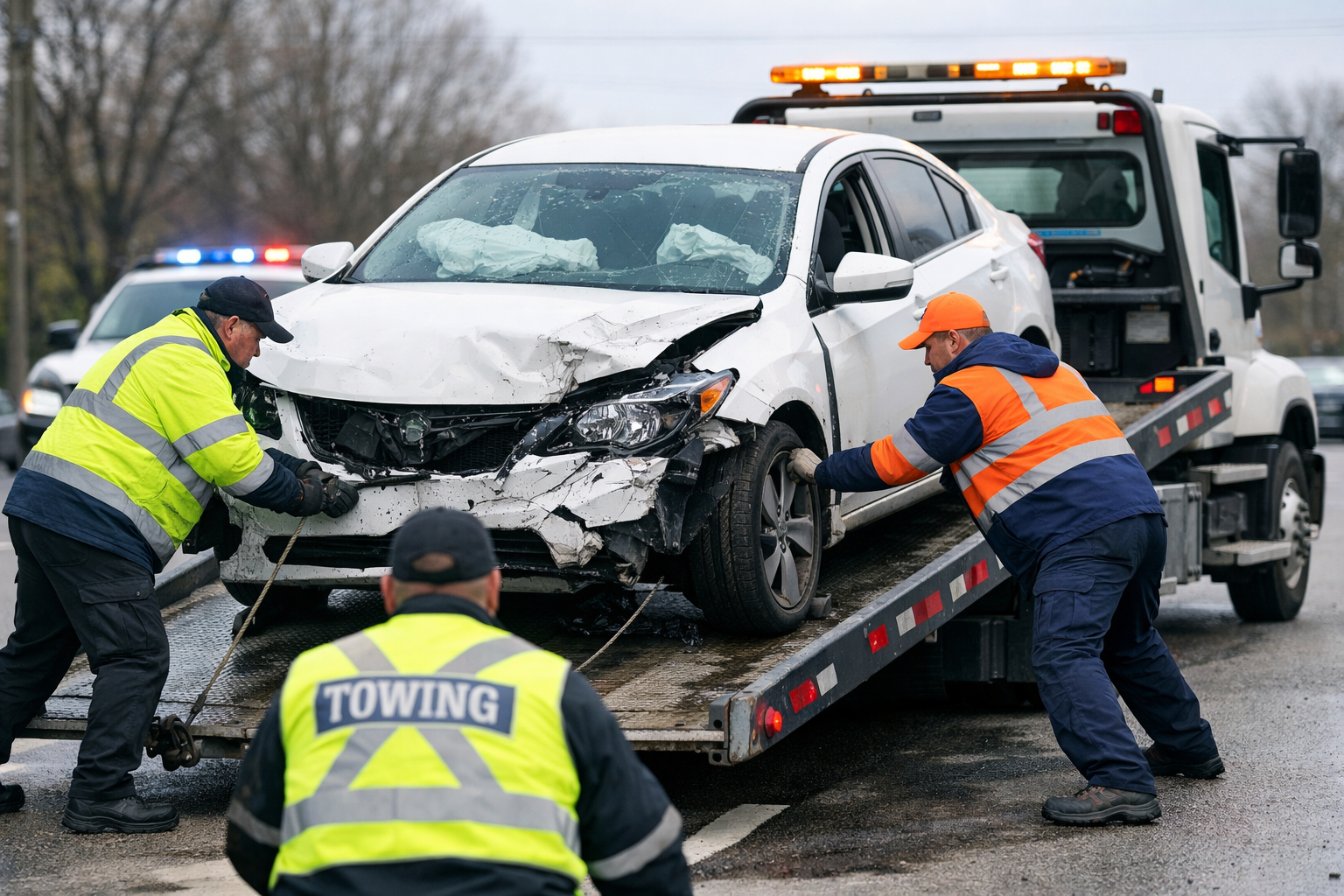 Towing crew loading a crashed car onto a flatbed